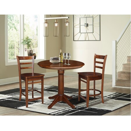 International Concepts 36 in. Round Extension Dining Table with 2 Emily Counter Height Stools - 3 Piece Set K581-36RXT-27-S61722